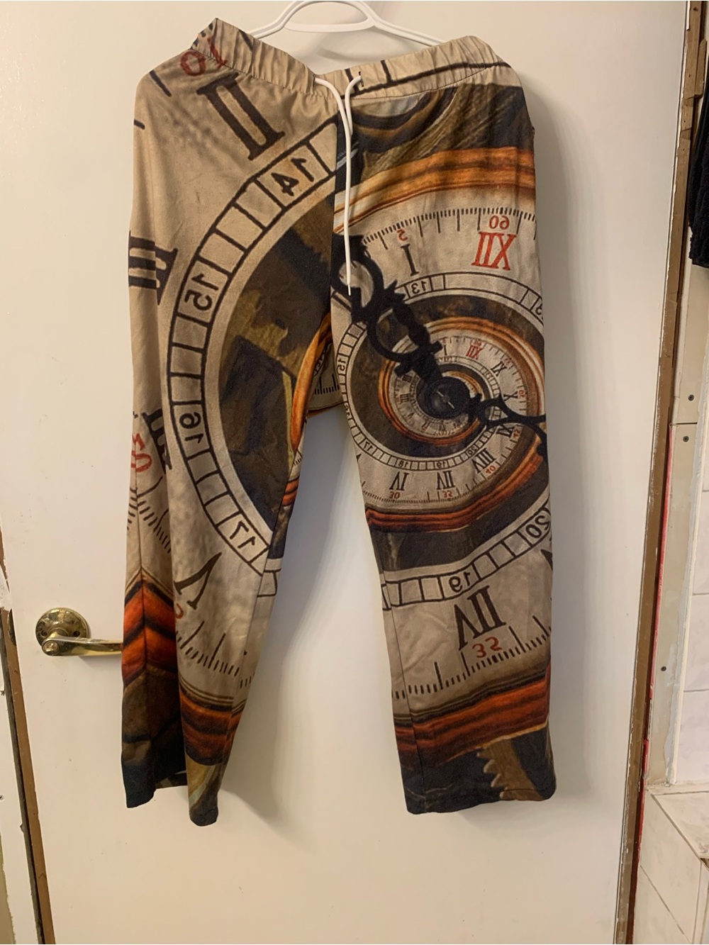 Men’s Taupe Clock-Print Casual Beach Pants with Drawstring Waist